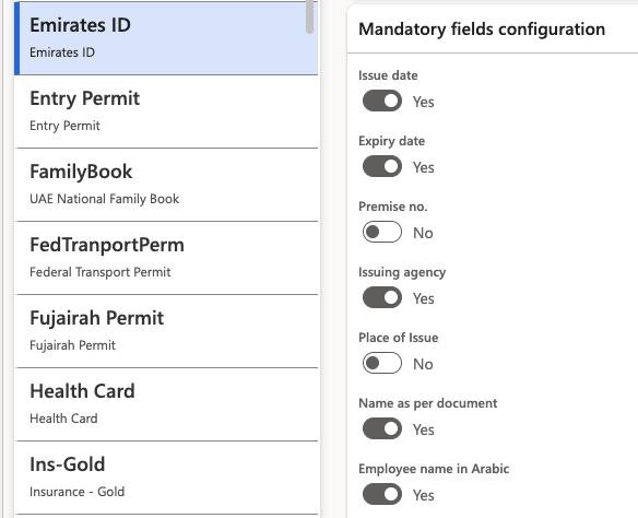 The Identification Type detail form showing the field list with mandatory toggles and the document type selected in the header