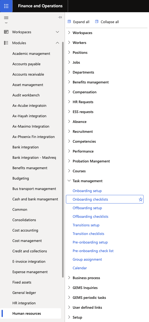 The D365 navigation pane with Human Resources, Task Management, and Onboarding checklists highlighted