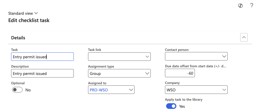The onboarding checklist tasks grid showing task names, assigned groups, and offset day columns