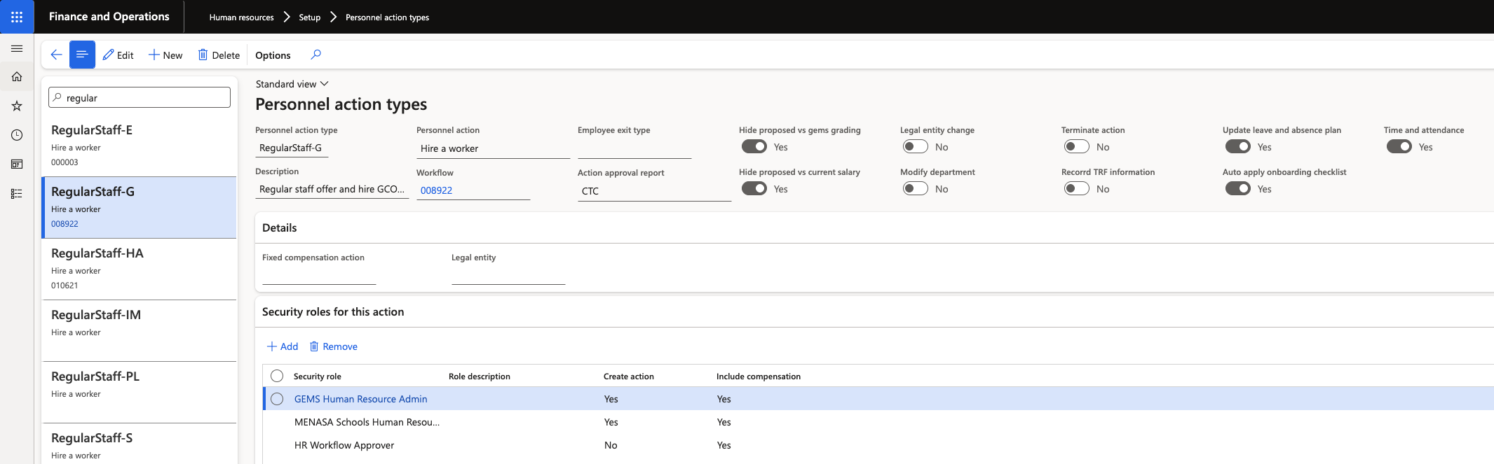 The Personal action types list with the regular hire action type selected and the Apply onboarding checklist flag enabled