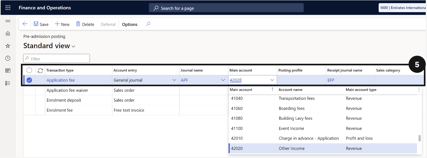 Configure Posting Logic — the Pre-admission posting table with the Application Fee entry selected and its fields visible