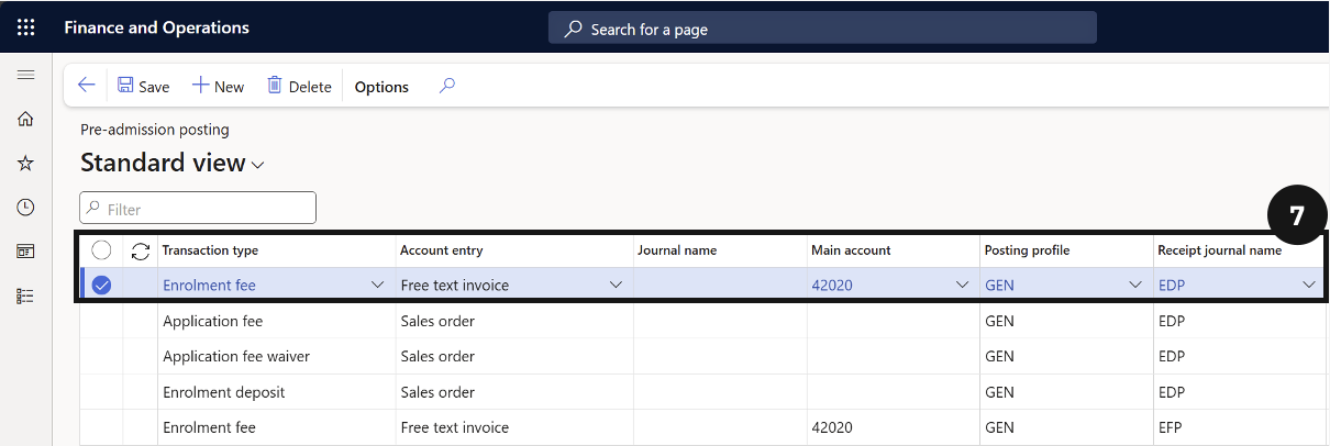 Configure Posting Logic — the Pre-admission posting table with the Enrolment Fee entry visible below the Application Fee