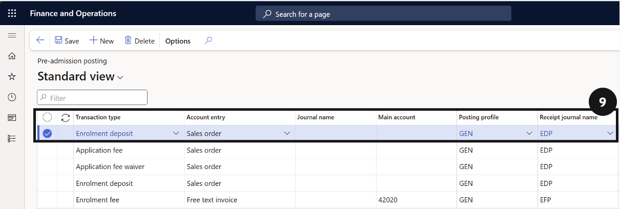 Configure Posting Logic — the completed Pre-admission posting table showing all three entries: Application Fee, Enrolment Fee, and Enrolment Deposit