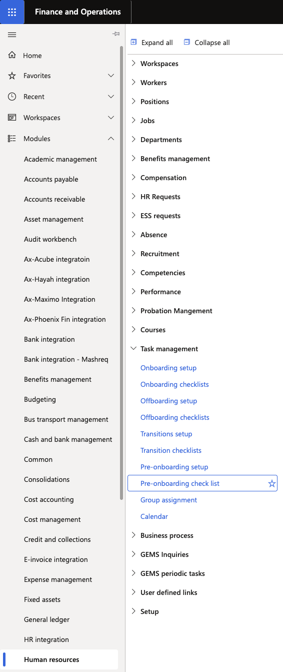 The D365 navigation pane with Human Resources, Task Management, and Pre-onboarding checklists highlighted