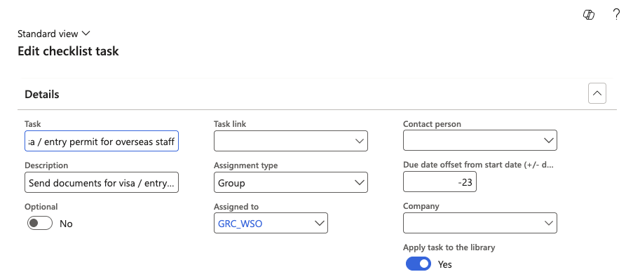 The pre-onboarding checklist tasks grid showing task names, assigned groups, company, and offset day columns