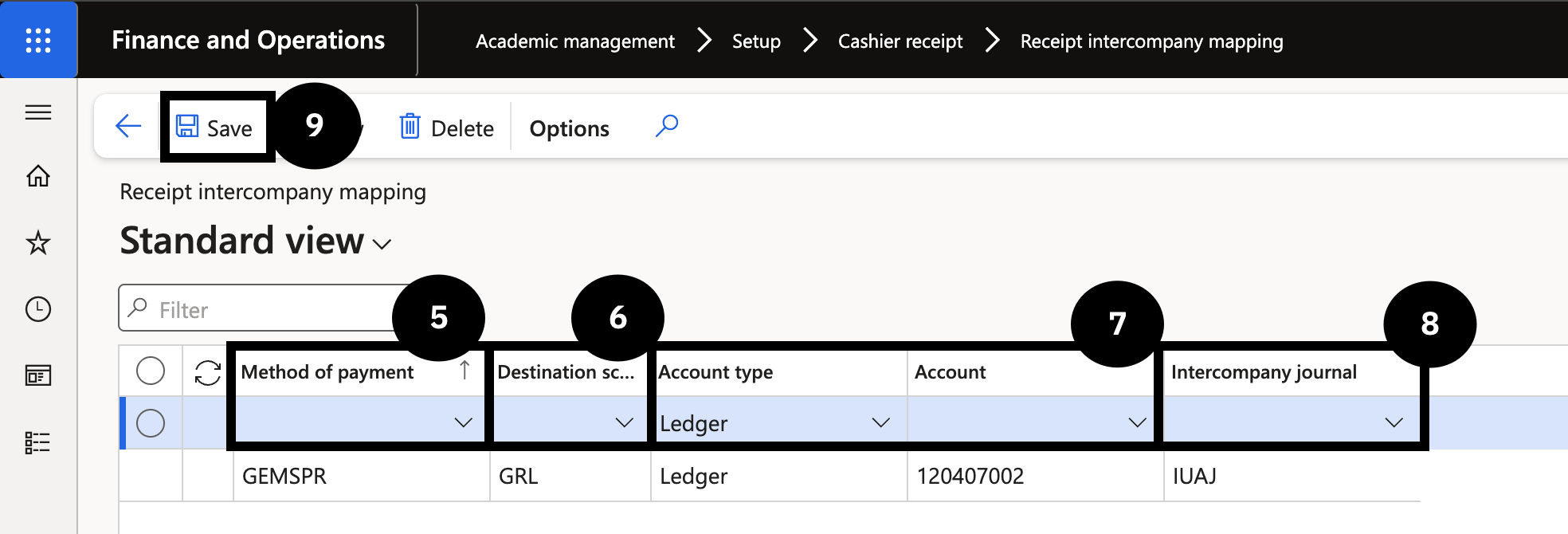 Configure Receipt Intercompany Mapping — the mapping form with Method of payment, Destination school, Account type, Account, and Intercompany journal fields