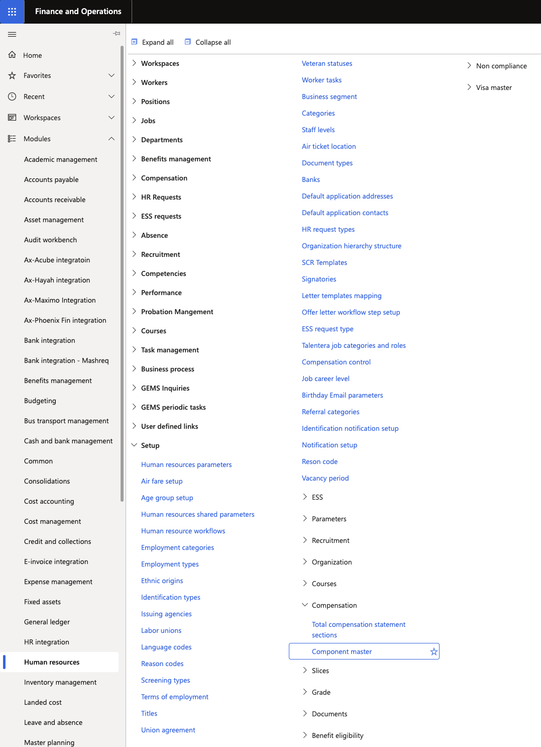 The D365 navigation pane with the Component Master option highlighted