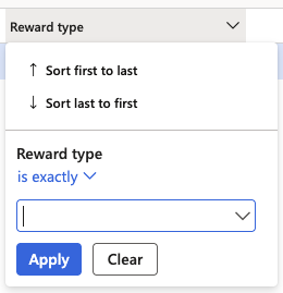 The Component Master list with the Reward Type column visible and a filter menu open