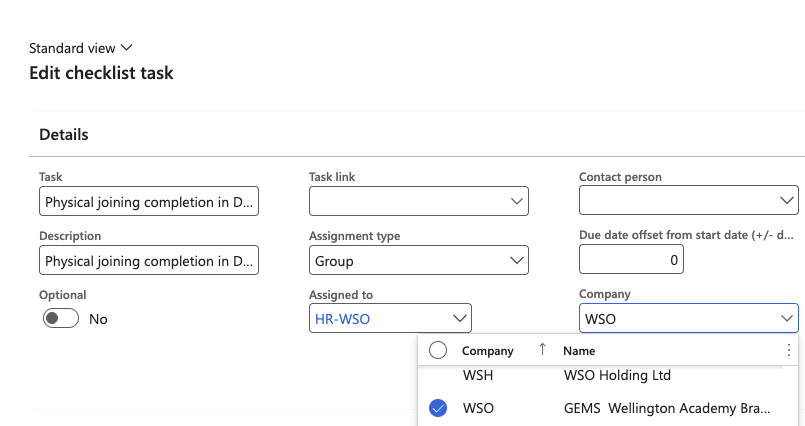 The task detail form with the Company field visible, showing a specific school legal entity code selected