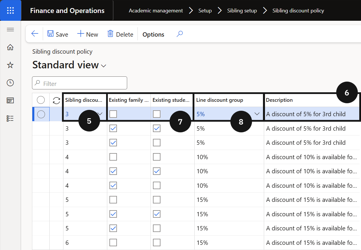 Configure sibling discount policy — the Sibling discount policy list with Add button and policy entry fields