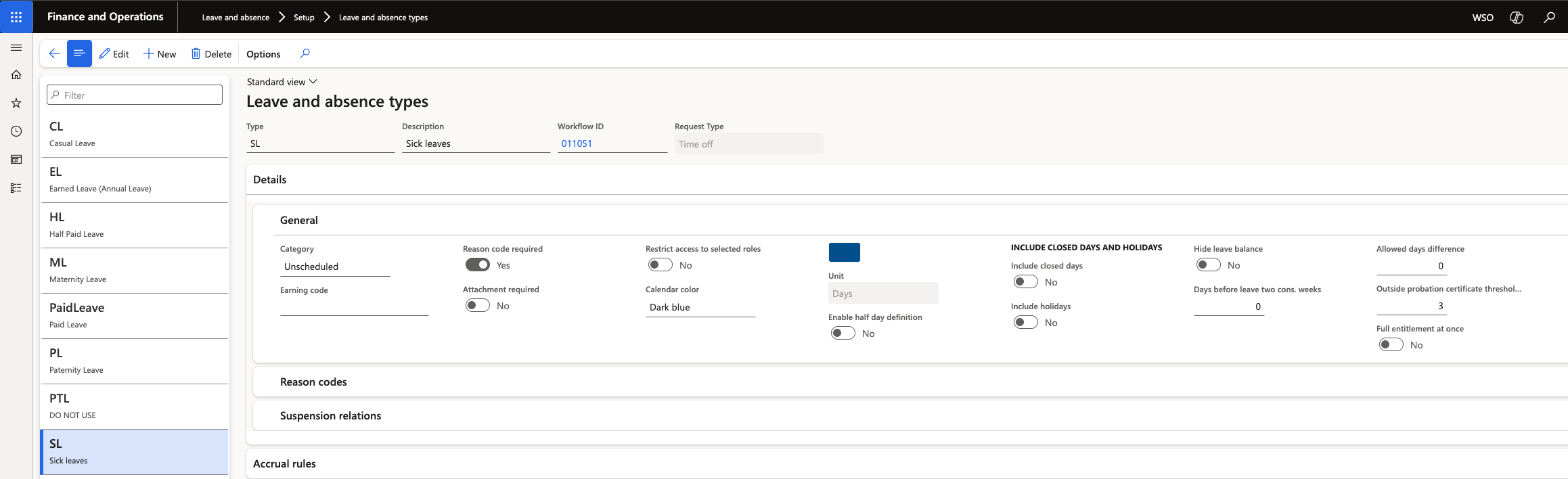 The leave type setup showing the outside probation certificate threshold field