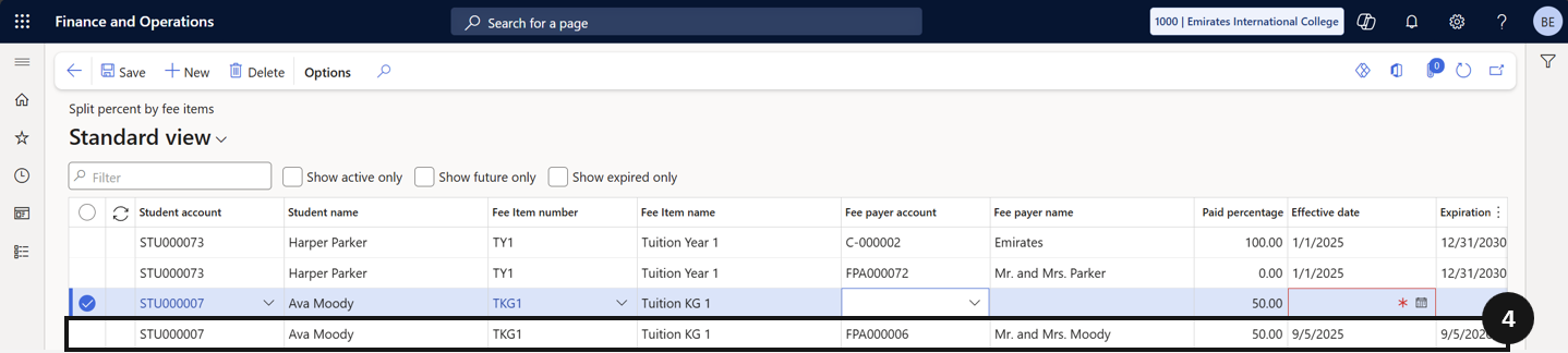 Configure Split Billing Percent by Fee Item — the Split percent by fee items form with Student, Fee item, Percentage, Effective date, and Expiration date columns showing two payer rows