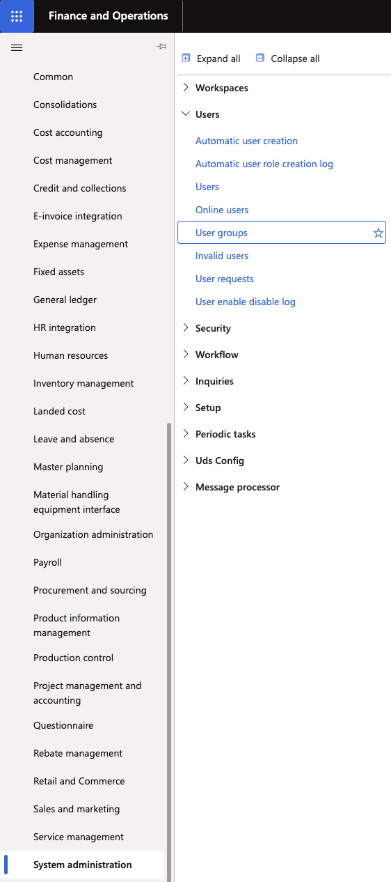 The D365 navigation pane with System administration, Users, and User groups highlighted