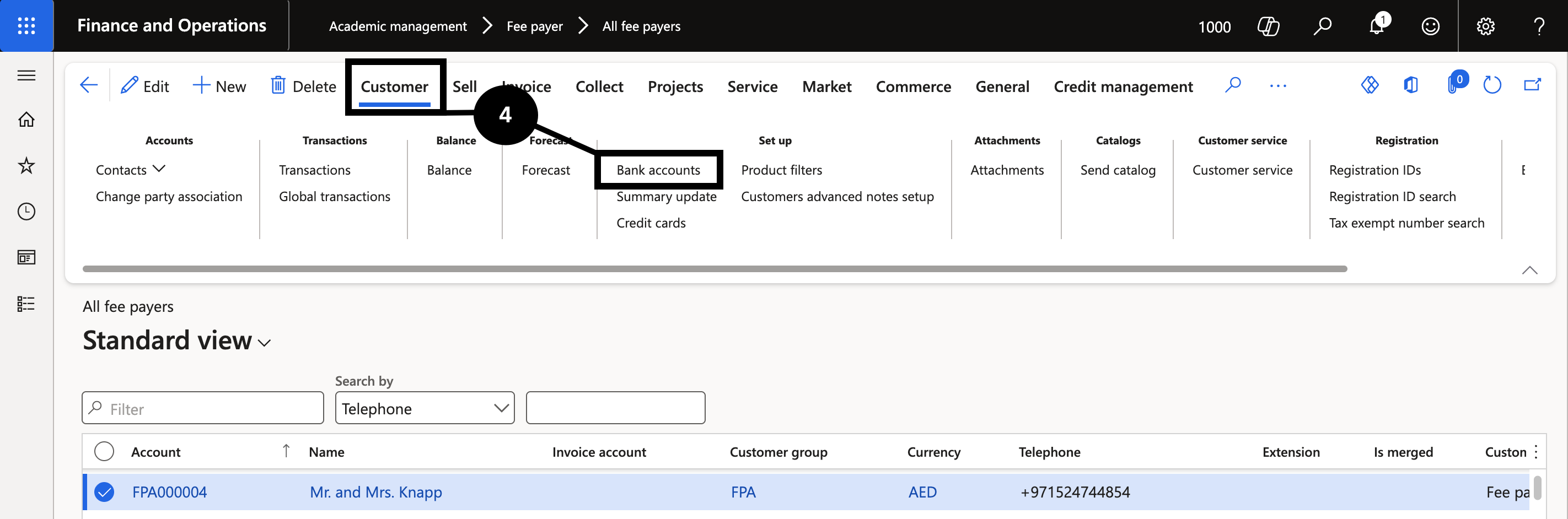 Confirm Bank Account Details — the Customer Bank accounts view showing an active bank account with refund marker