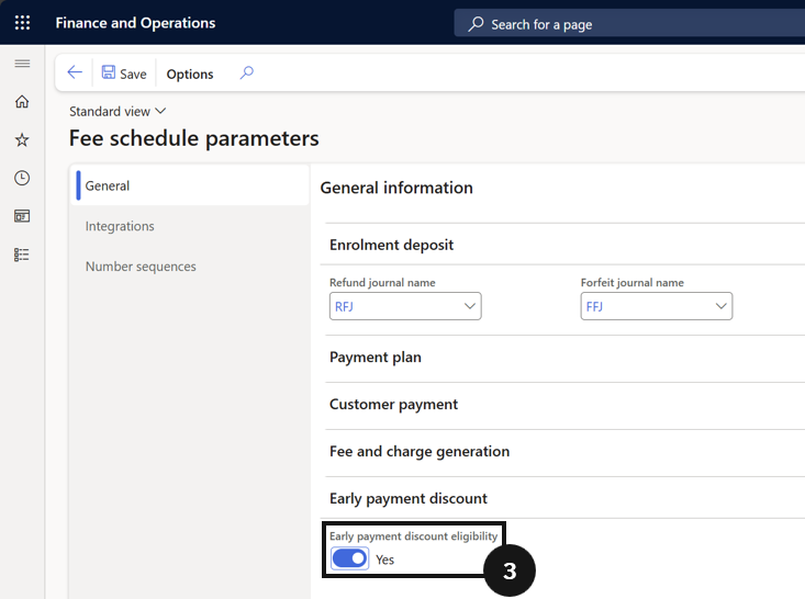 Control Discount Eligibility — the Fee schedule parameter setup showing the Early payment discount eligibility checkbox