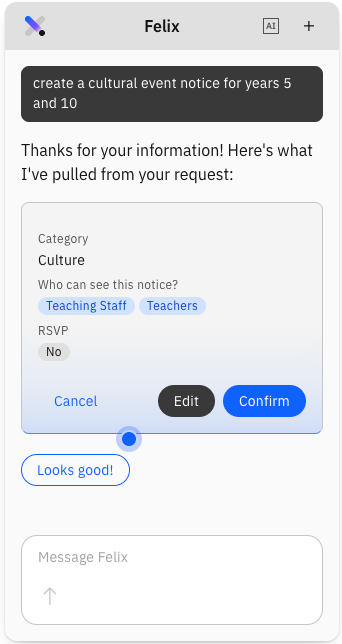 Felix feedback for the prompt to create a cultural notice for years 5 and 10