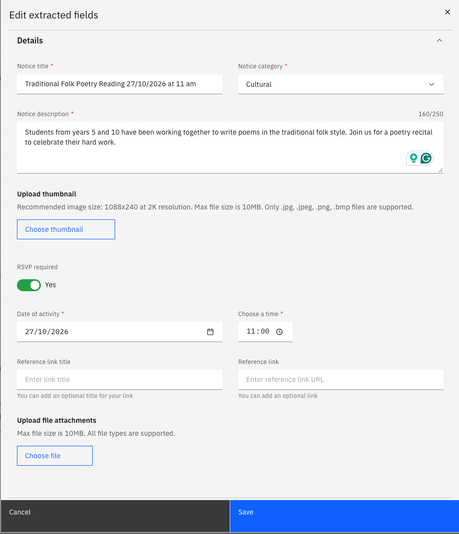 Edit or review the Felix generated fields for completing the notice creation