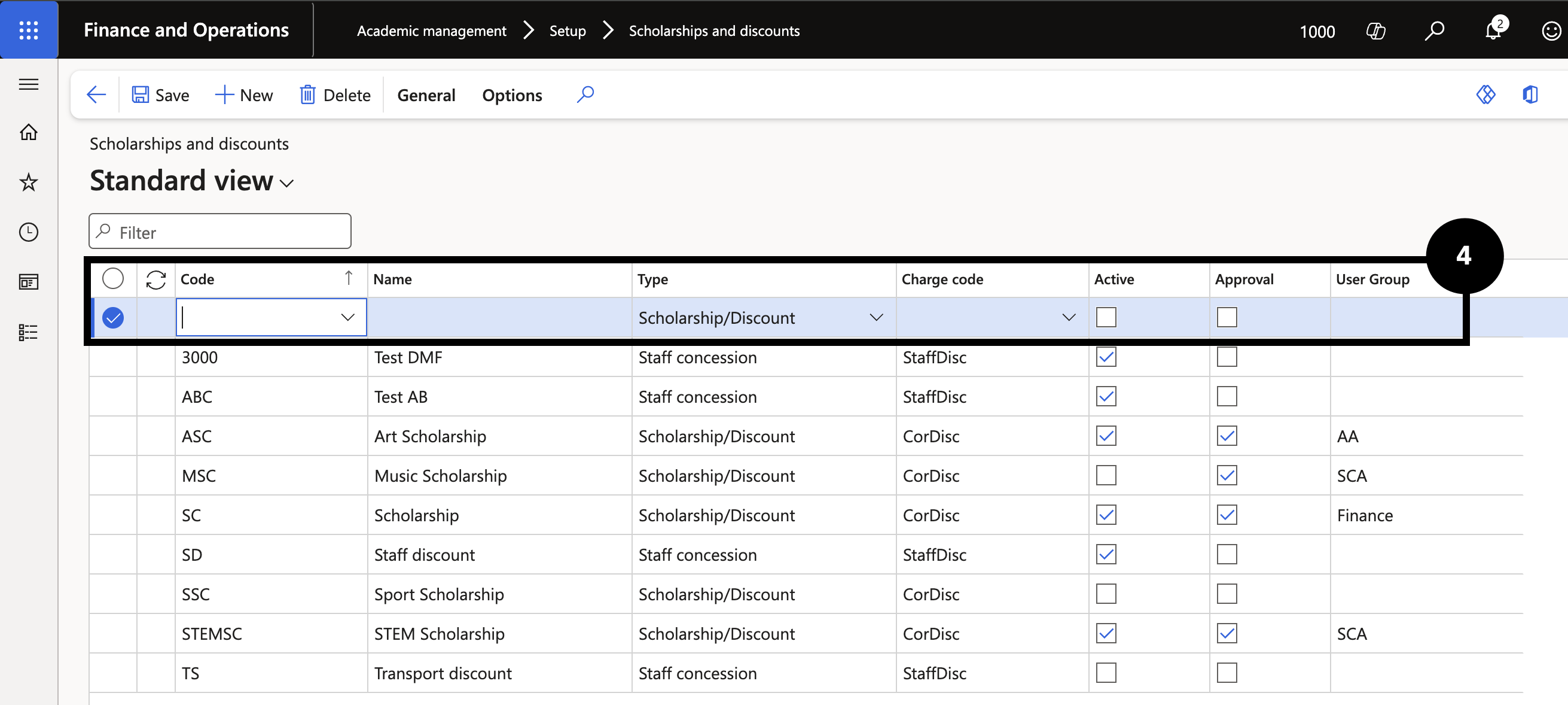 Scholarship and discount setup — the new code form with Code, Name, Active, Approval, and User group fields