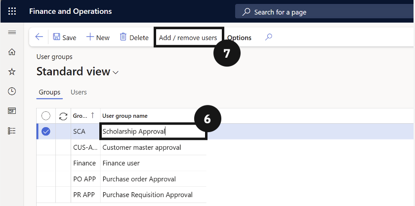 Scholarship and discount setup — the User group dropdown and approval configuration