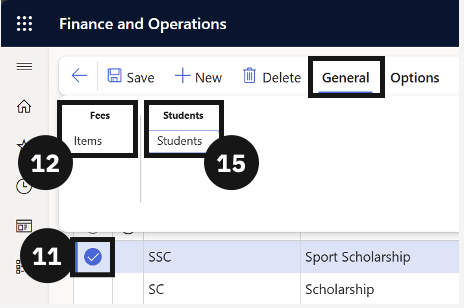 Scholarship and discount setup — the Students tab with a new student record and the Discount %, Effective date, and Expiration date fields