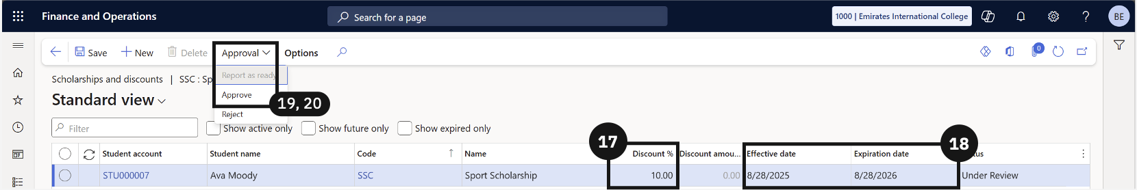 Scholarship and discount setup — the Approval dropdown showing Report as ready and Approve options
