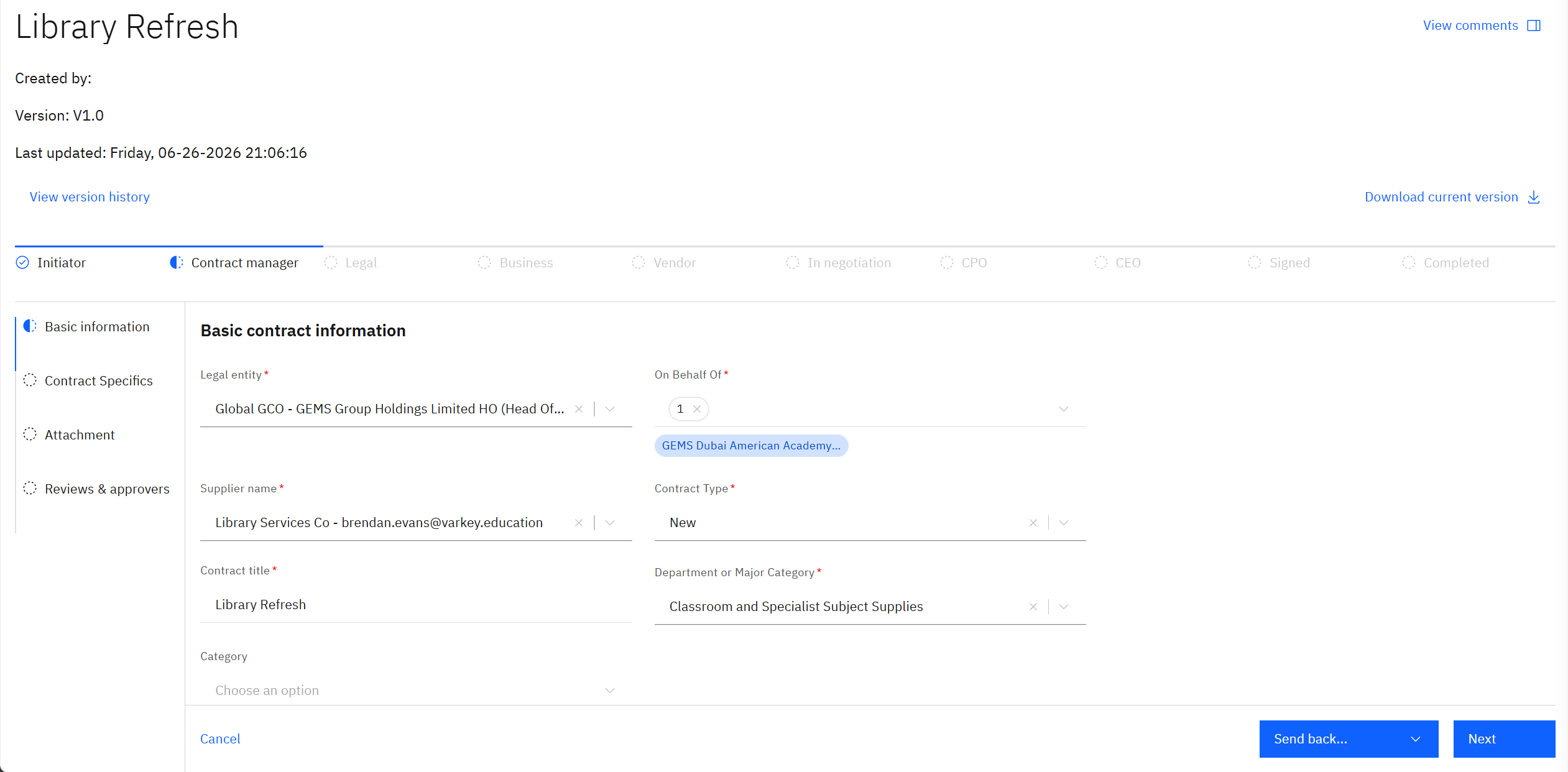 The contract summary showing the carried-over project details and vendor attachments