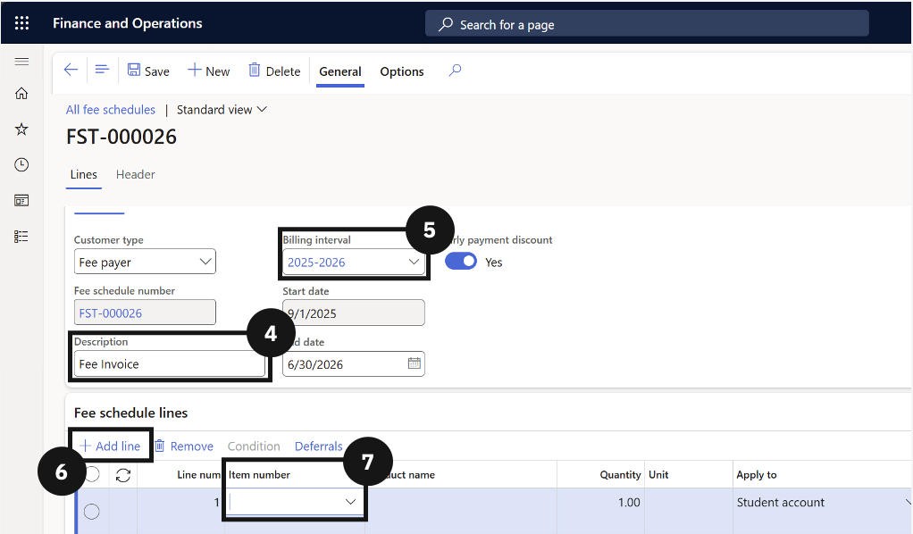 Create Event Fee Schedule Template — the fee schedule template form with Description, Billing interval, and fee schedule lines