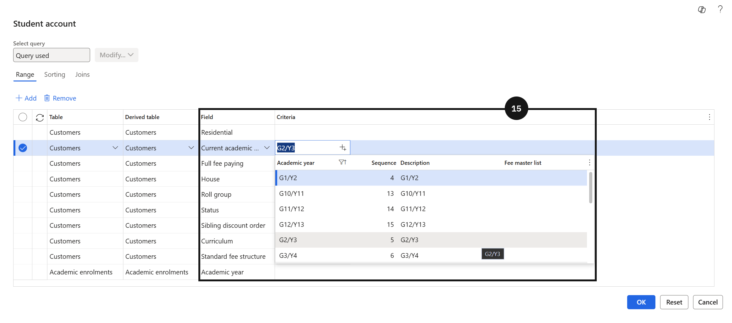 The Condition query dialog, with the Field and Criteria columns marked ⑮