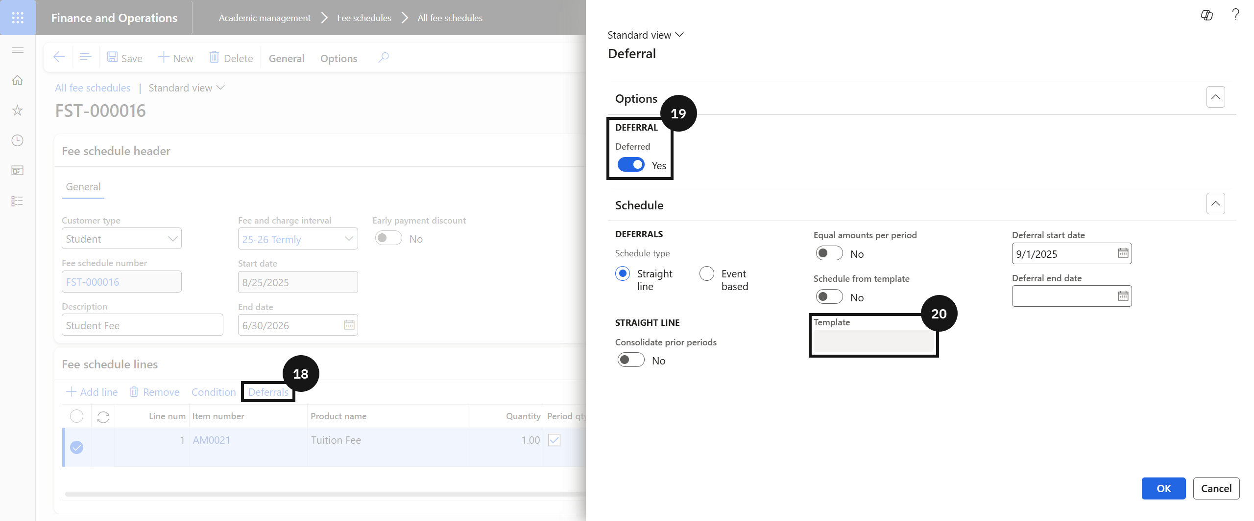 The Deferral panel — the Deferrals toolbar button ⑱, the Deferred toggle ⑲, and the Template field ⑳