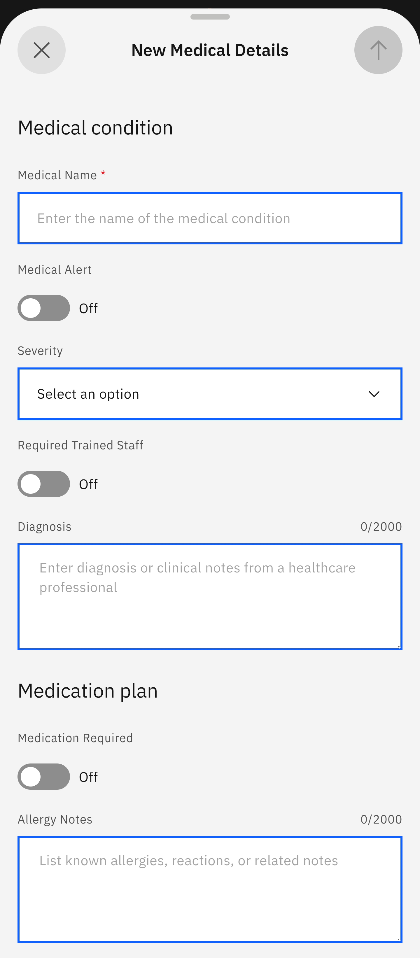 New Medical Details form with the send arrow inactive top half