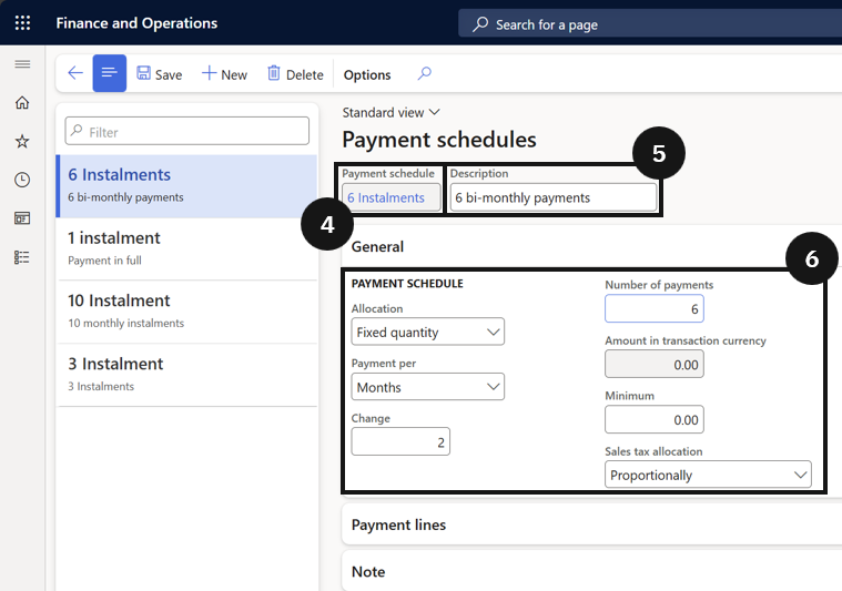 Create a New Payment Plan — the Payment schedules form with Code, Description, Allocation, Payments per, Change, and Number of payments fields