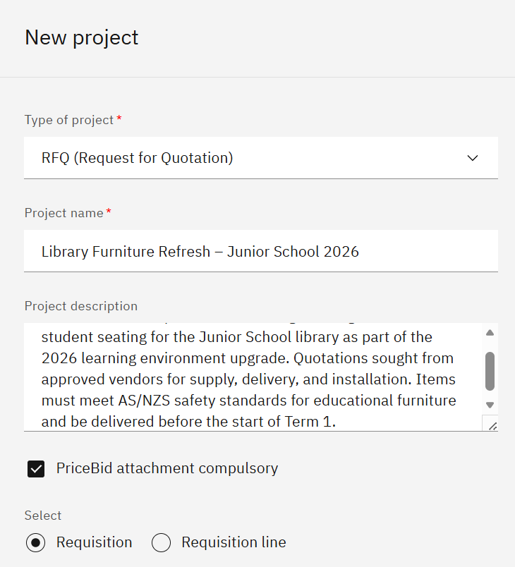 The create new project page showing the purchase requisition list