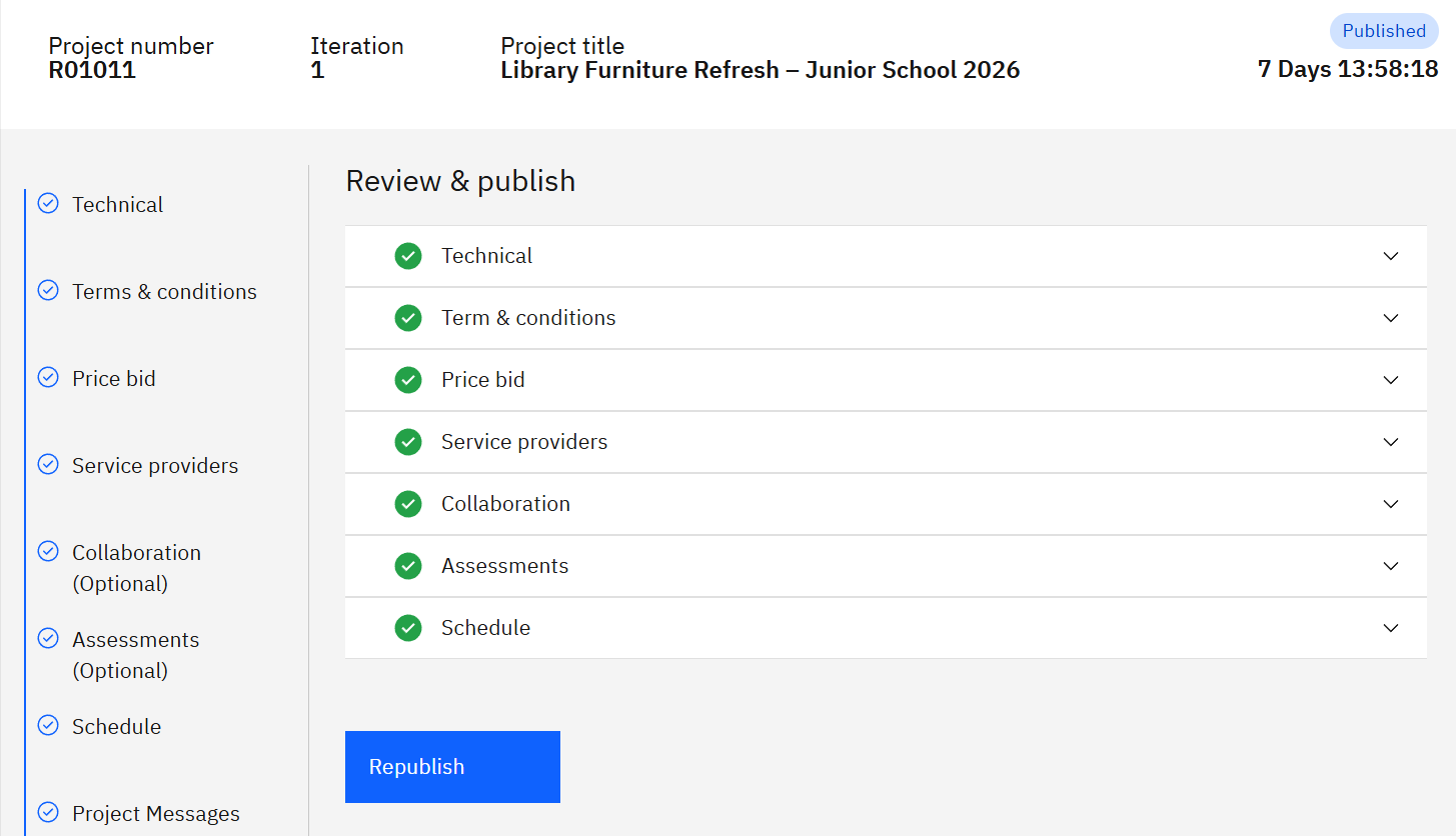The confirmation message that the project was published successfully