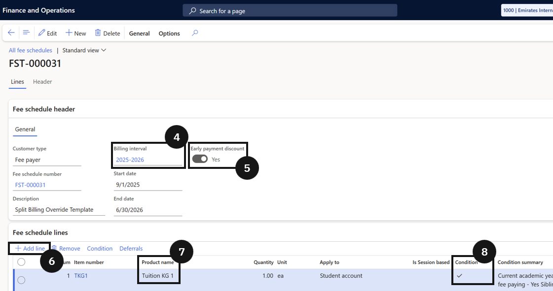 Create a Split Billing Fee Schedule Template — the new fee schedule template with the split billing name, billing interval, and fee lines with conditions