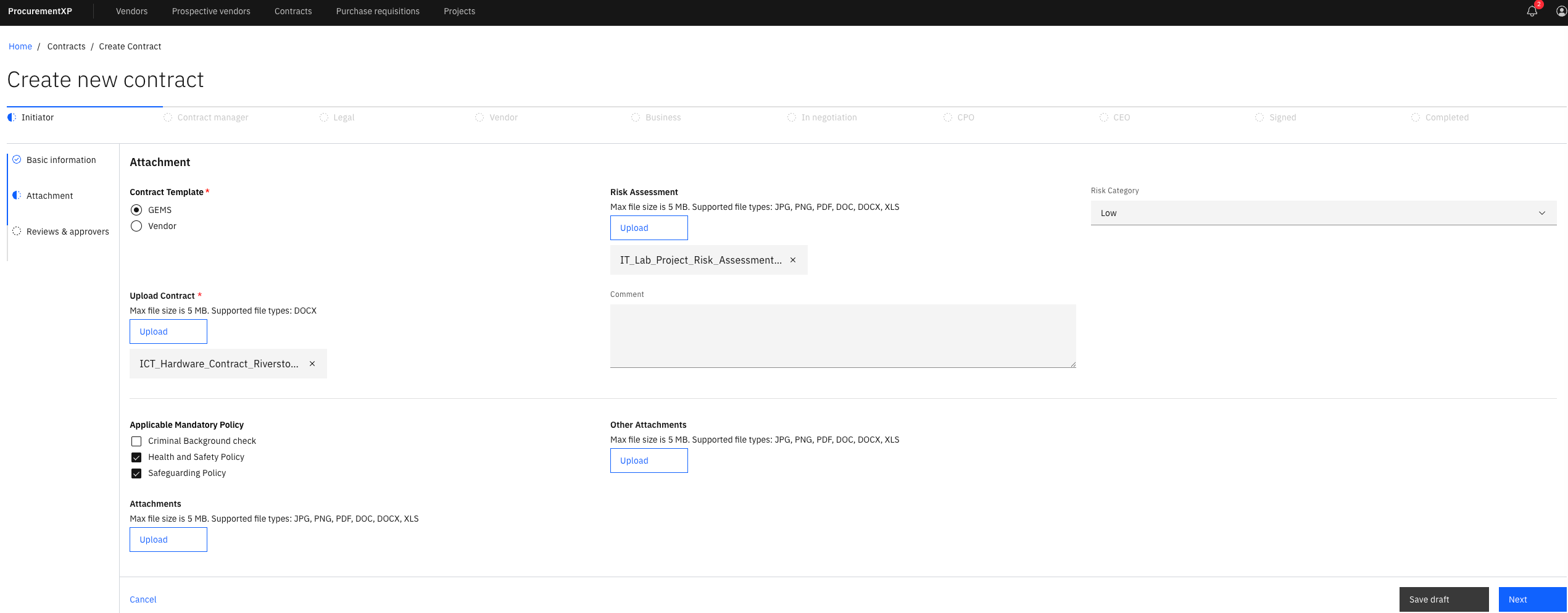 The space to upload a contract copy and the Risk Assessment documents