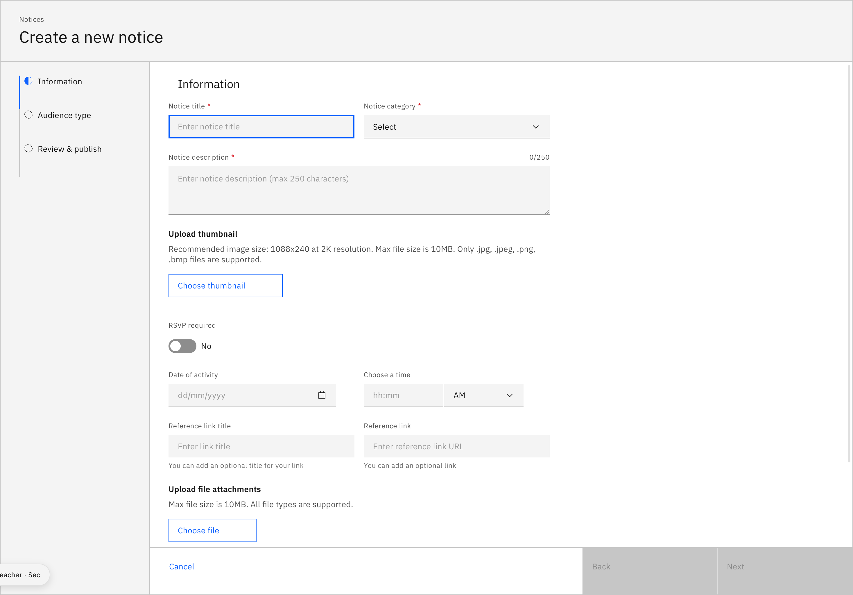 The Create a new notice wizard on the Information step, with the three stages — Information, Audience type, Review & publish — listed in the left rail