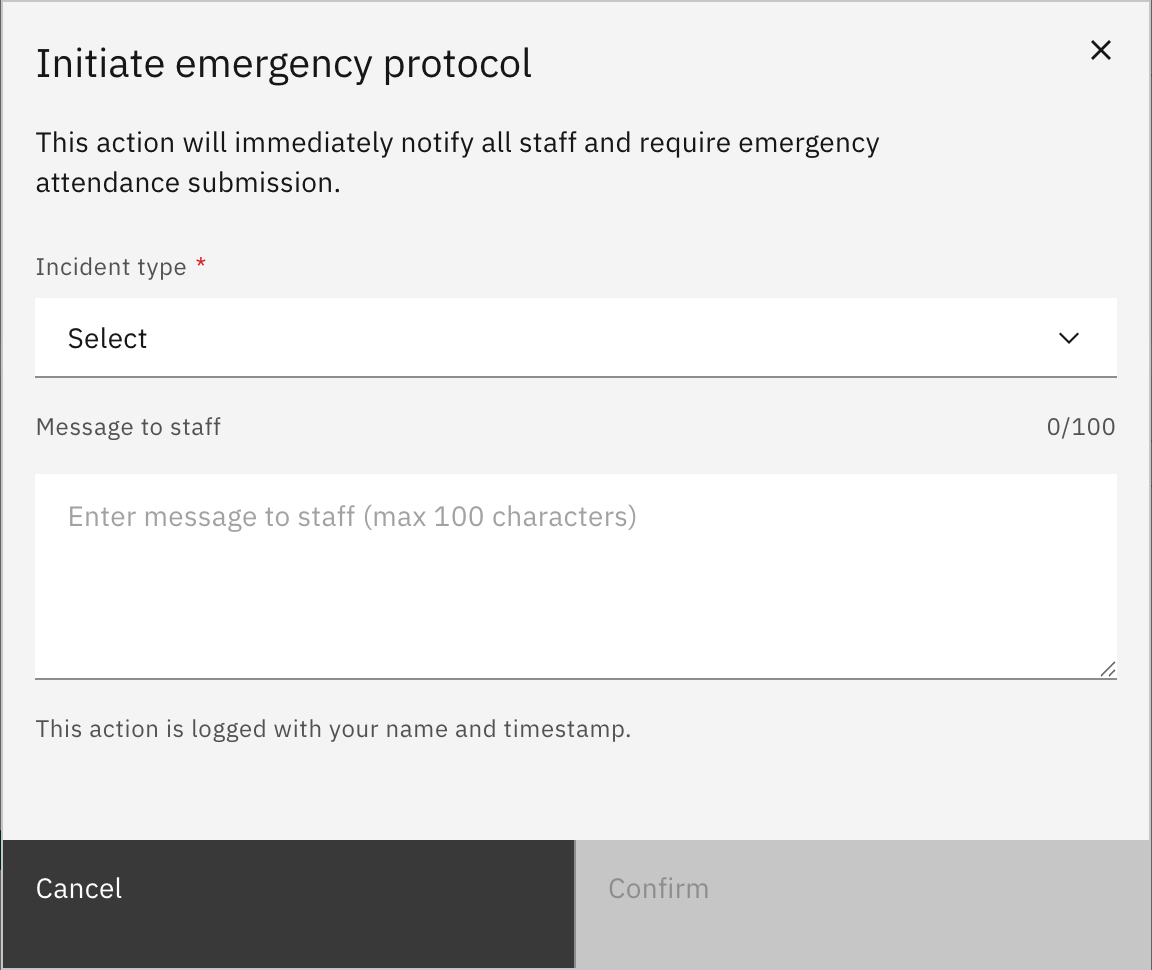 The Initiate emergency protocol dialog with the Incident type dropdown and Message to staff field