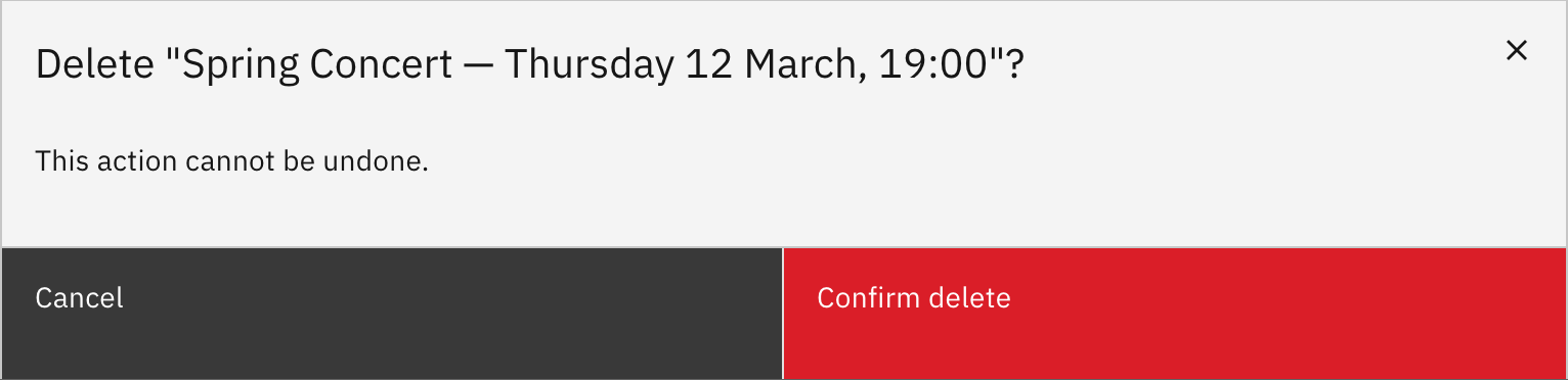 The delete confirmation dialog: "This action cannot be undone" with the Confirm delete button