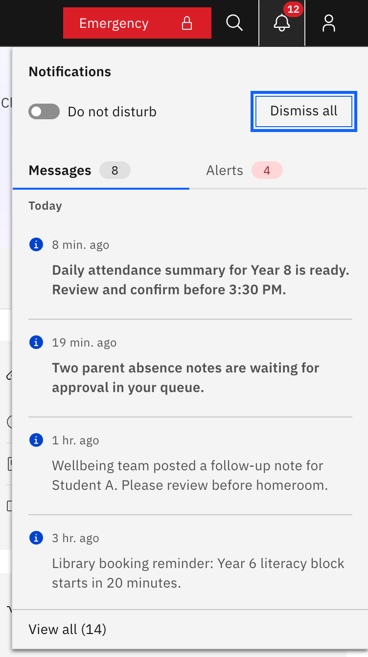 The Notifications bell panel open, with Dismiss all highlighted in the panel header