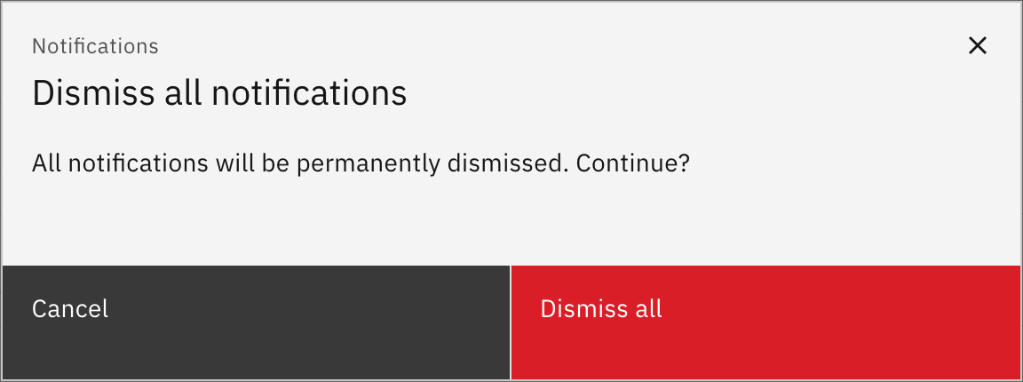 The Dismiss all confirmation pop-up — "All notifications will be permanently dismissed. Continue?" with Cancel and Dismiss all