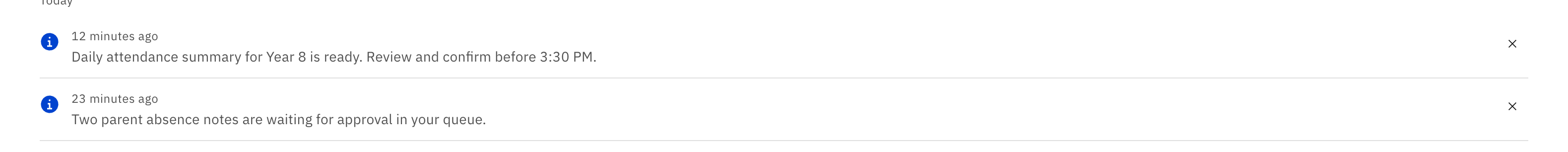 Notification rows on the Notifications page, each with its own ✕ dismiss button at the right