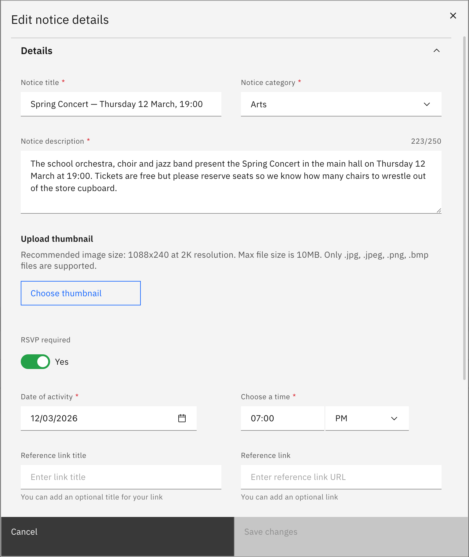 The Edit notice details window with the Details section expanded, showing the editable fields and the Save changes button