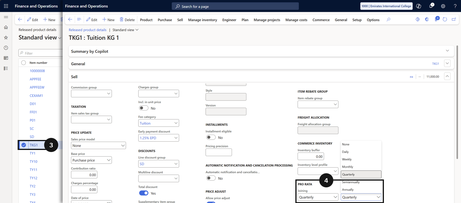 Enable Pro Rata Adjustments — Joining Students — the Released products Sell section with the Pro rata field set to a non-None value