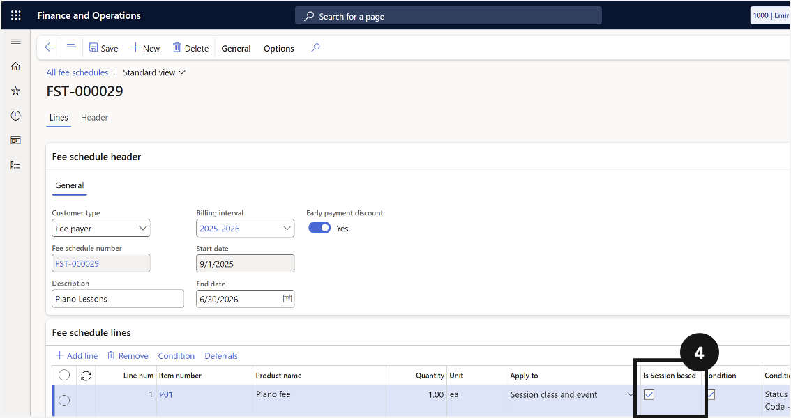 Enable Session-Based Invoicing — the fee schedule template with the Session Based toggle enabled