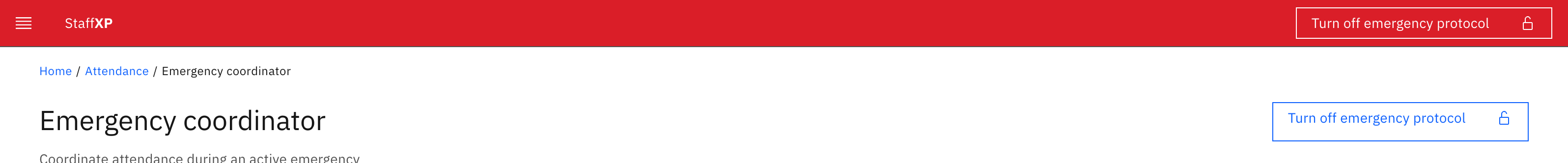 The Emergency coordinator page with the Turn off emergency protocol button — in the red top toolbar and at the top of the page