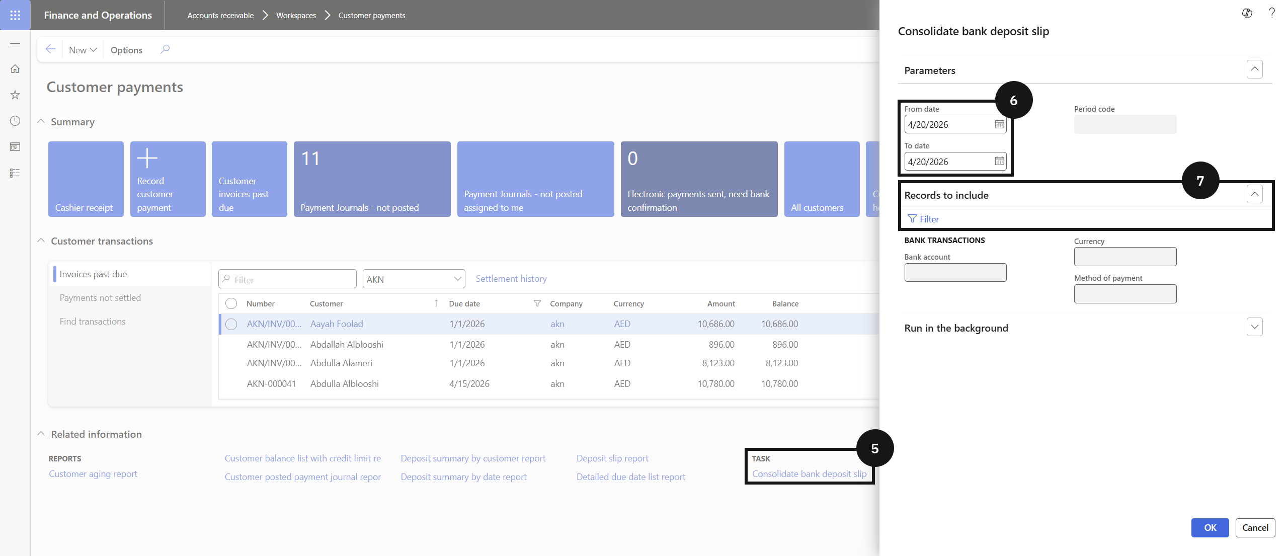 End of Day Procedure — the Consolidate deposit slip form with date range and Method of payment filter
