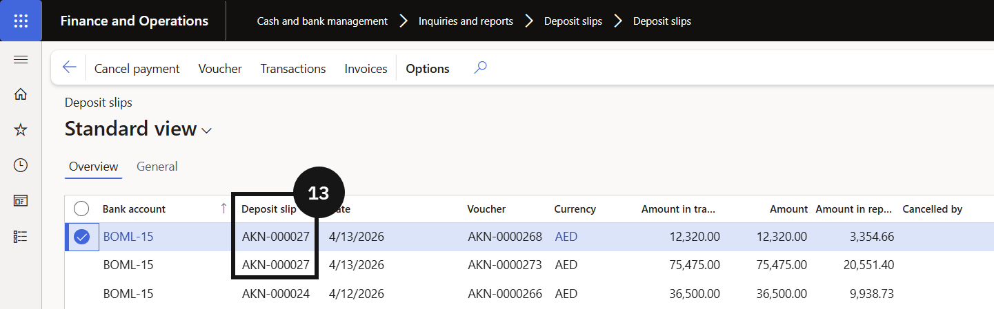 End of Day Procedure — the Deposit slip reports filter with the deposit slip number entered