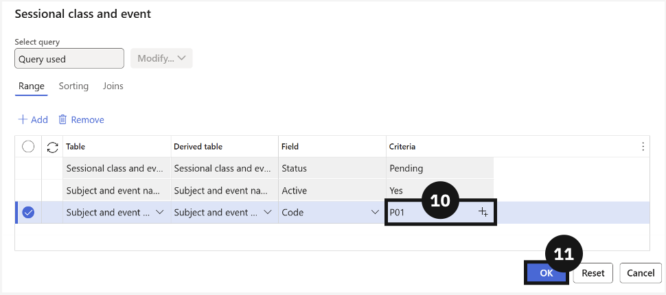 Enrol Student in Sessional Class — the Condition query dialog with the event code entered in the Criteria column