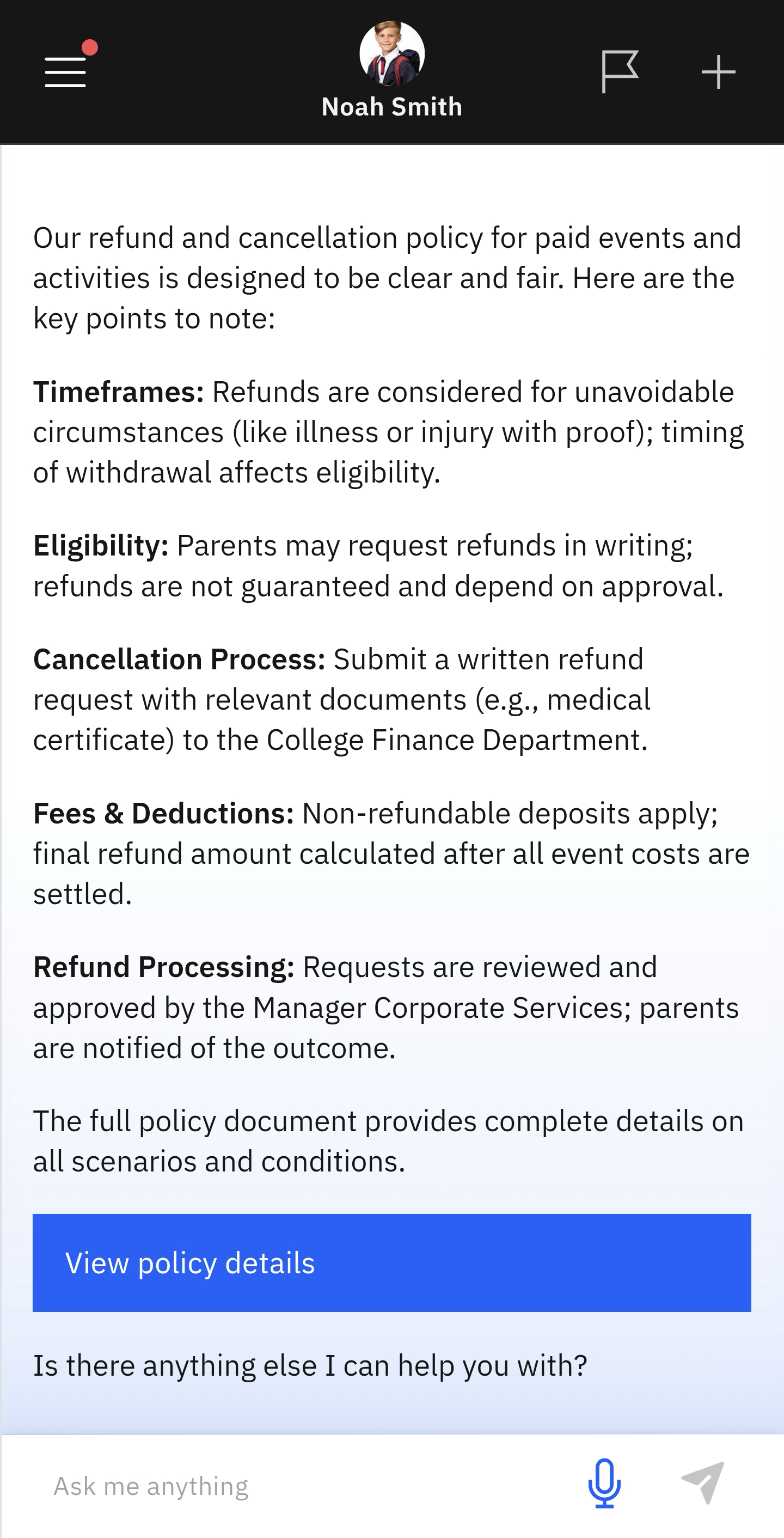 Refund policy summary with link for detailed refund policy shown