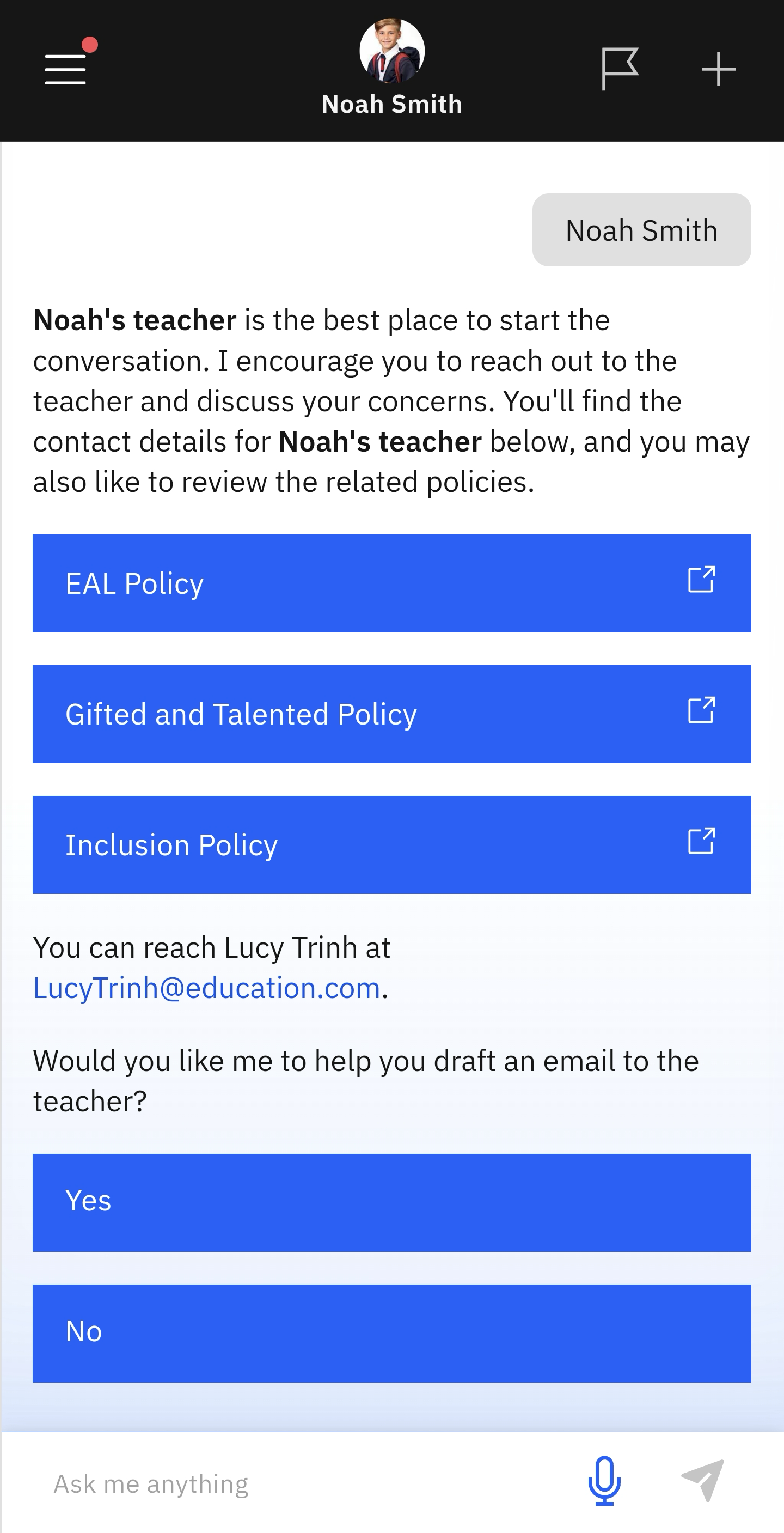 Extra Support screen displaying the school policies and providing support to prepare an email to the teacher